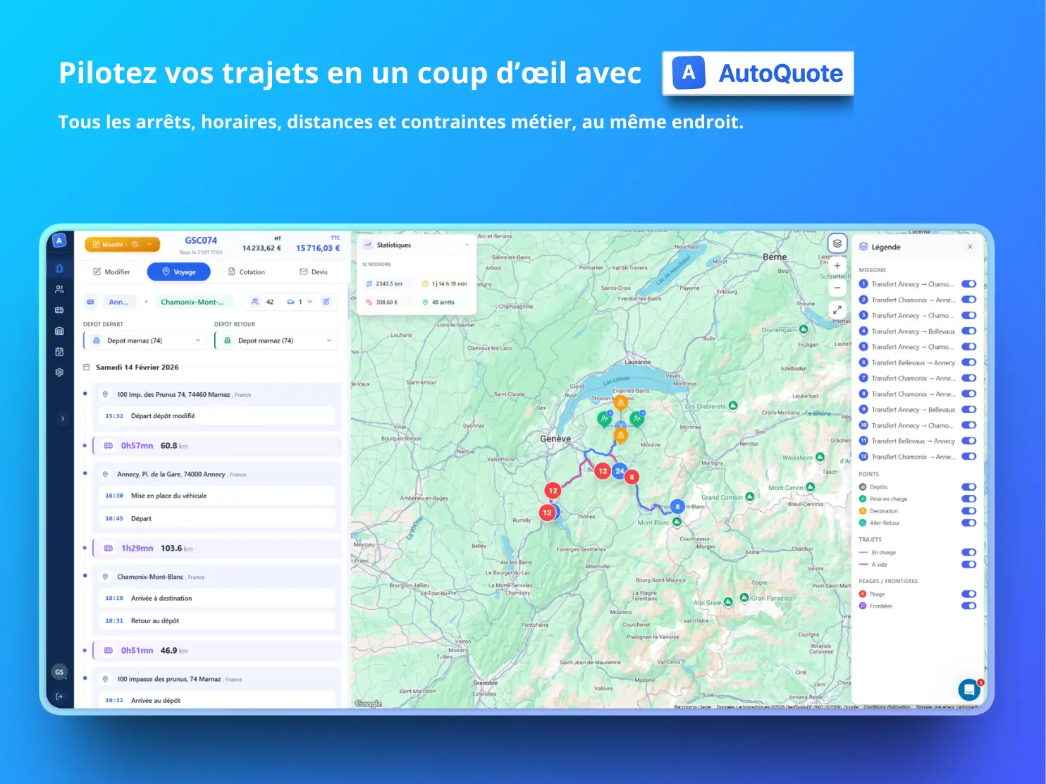 Interface AutoQuote - Onglet Voyage avec l'itinéraire autocar calculé, carte, programme détaillé et péages