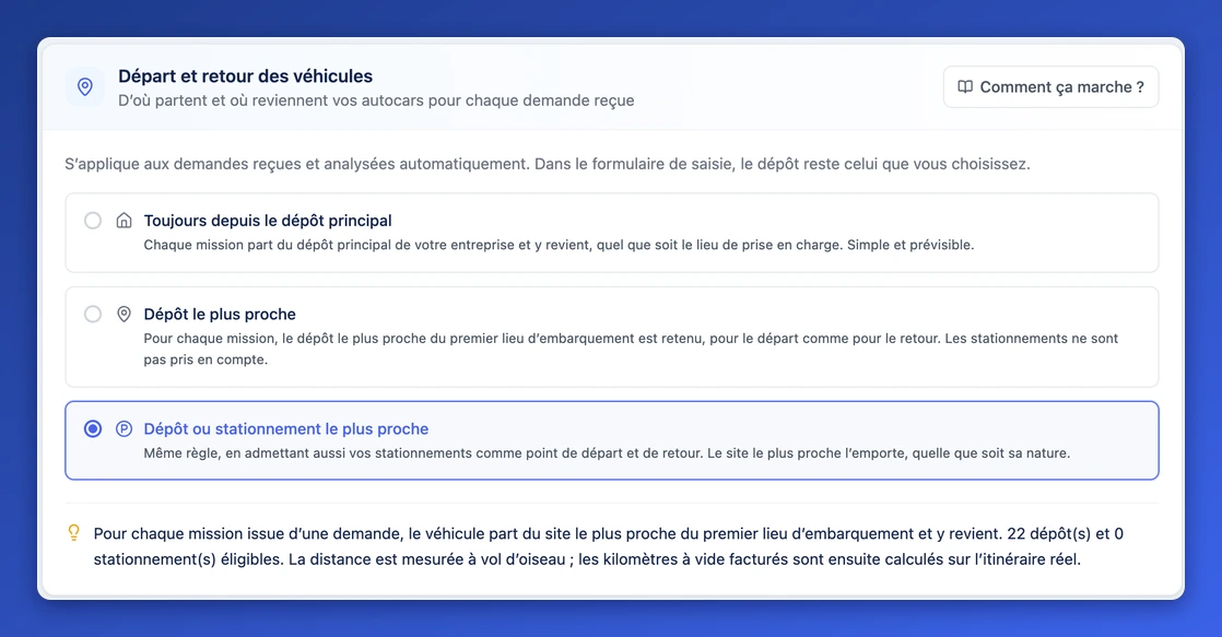 La section « Départ et retour des véhicules » d'AutoQuote : dépôt principal, dépôt le plus proche, dépôt ou stationnement le plus proche