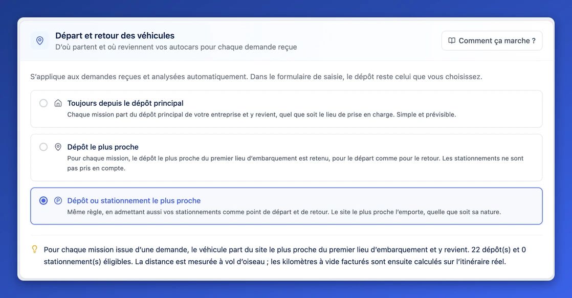 La section « Départ et retour des véhicules » d'AutoQuote : dépôt principal, dépôt le plus proche, dépôt ou stationnement le plus proche