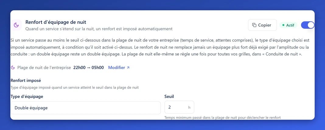 Sous-section Renfort d'équipage de nuit : interrupteur Actif, rappel Plage de nuit de l'entreprise avec le lien Modifier, champs Type d'équipage et Seuil