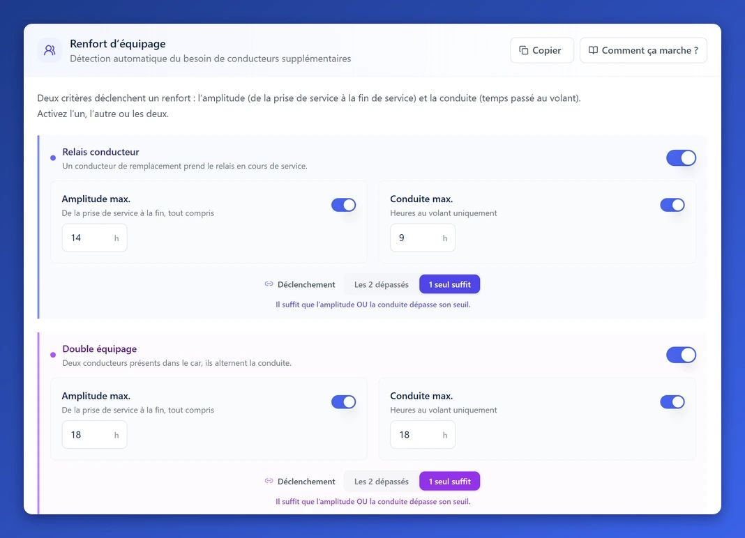 Réglages, Les trajets, section Renfort d'équipage : seuils Amplitude max. et Conduite max. du relais conducteur et du double équipage, choix du Déclenchement